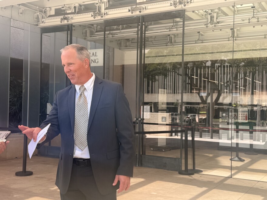 Kamehameha Schools attorney Joachim Cox outside federal court on Monday, March 30, 2026.