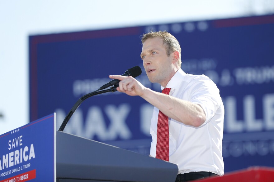Republican congressional candidate Max Miller speaks at the Save America rally at the Delaware County Fairgrounds