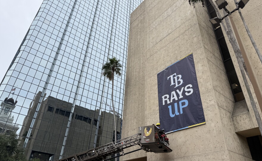 On Sept. 29, 2026, Tampa city leaders unfurled a Tampa Bay Rays banner on the Tampa Municipal Office Building in downtown. The Rays enter postseason play on Oct. 3. 