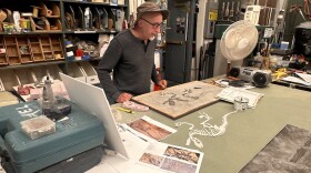 David Miller stands over his work table in the basement of the Whatcom Museum. Here he works on items for the exhibits upstairs, as well as his work as a scientific illustrator. (Credit: Lauren Gallup / NWPB)
