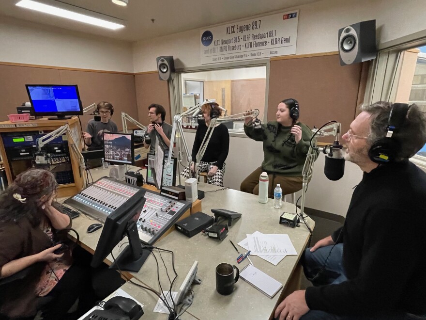 Left to right: Journalists Nathan Wilk, KLCC; Alan Torres, Register Guard; Emerson Brady, Eugene Weekly and Amanda Lurey of The Chronicle