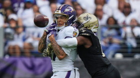 New Orleans Saints cornerback Kool-Aid McKinstry (1) breaks up a pass intended for Baltimore Ravens wide receiver Chris Moore (17) in the second half of an NFL football game in Baltimore, Sunday, Sept. 20, 2026. (AP Photo/Stephanie Scarbrough)