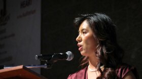 Embattled Salt Lake City Councilor Eva Lopez Chavez speaks at the Utah Democratic Convention at Jordan High School in Sandy, April 25, 2026. She has been accused of unwanted sexual advances by four people, but denies any wrongdoing.