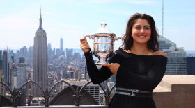 Bianca Andreescu of Canada poses with her trophy at the Top of the Rock in Rockefeller Center on September 8, 2019. (Mike Stobe/Getty Images)