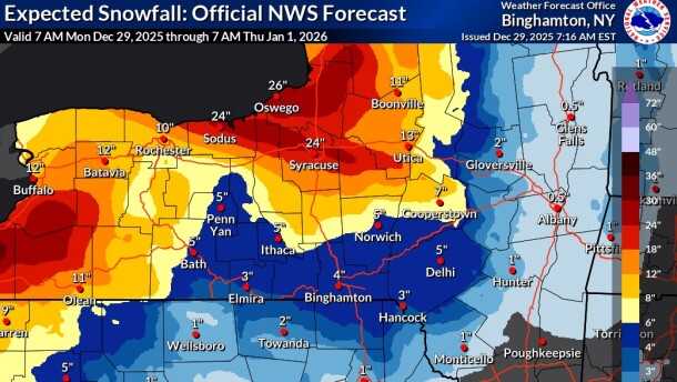 This map from the National Weather Service office in Binghamton shows the forecasted snowfall from 7 a.m. Monday through 7 a.m. Thursday.