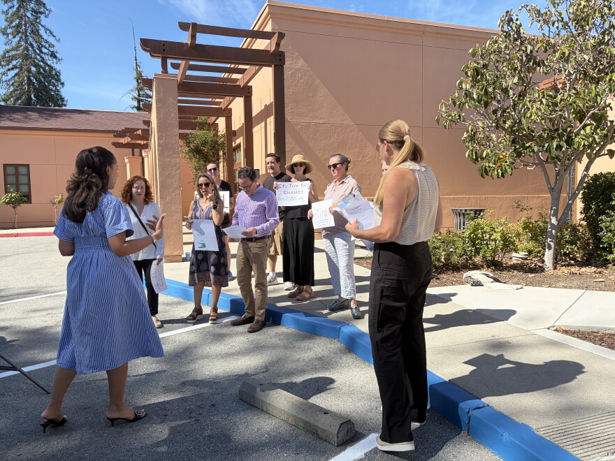 Parents outside the Sequoia Union High School District offices on Sept. 9, 2026.