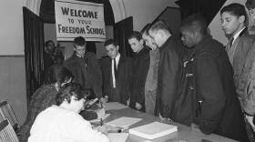 High School students from Scituate, Mass., register to attend Freedom School at Tremont St. Methodist Church in South End of Boston on Feb. 26, 1964. African American  leaders and other civil rights groups have called for boycott protesting alleged de factor segregation in Boston schools. (AP Photo)
