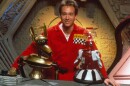 Joel Hodgson poses with Crow T. Robot and Tom Servo, two of his "robot friends."