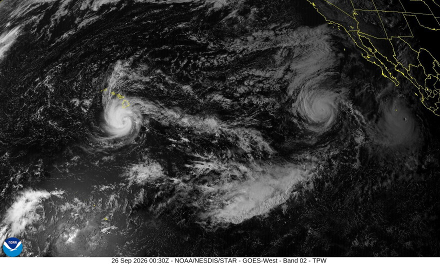 A satellite image shows Hurricane Nolo near the Hawaiian Islands on the afternoon of Friday, Sept. 25, 2026.