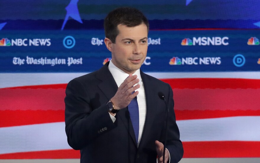 South Bend, Ind., Mayor Pete Buttigieg speaks during the Democratic presidential debate at Tyler Perry Studios in Atlanta on Wednesday night.