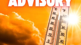 Compilation of a sunny sky and weather thermometer with the words "Heat Advisory"