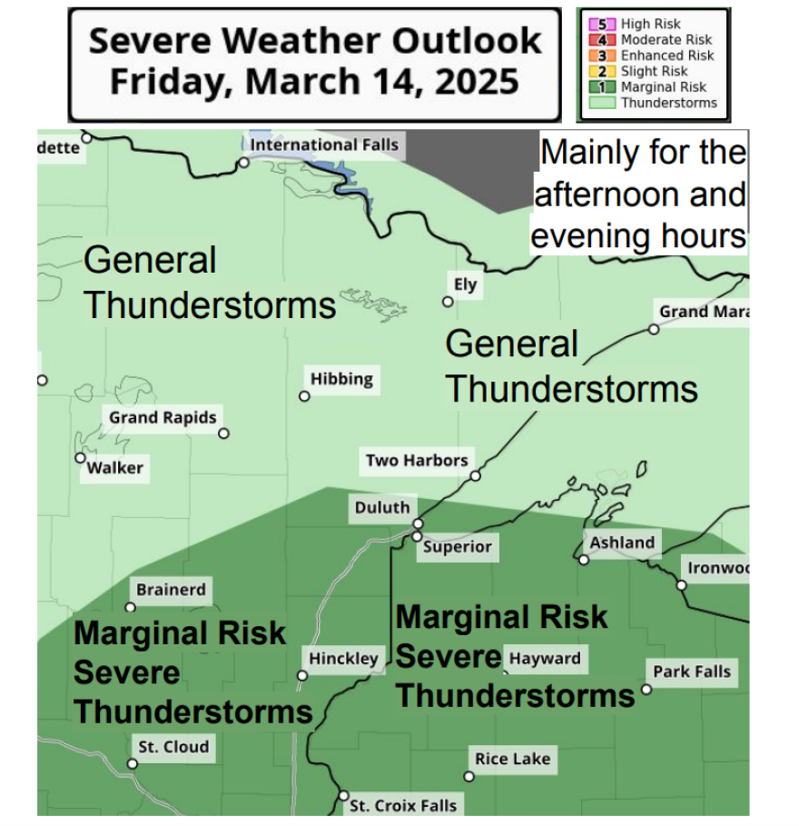 The National Weather Service in Duluth predicts thunderstorms could begin developing Friday, March 14, 2025.