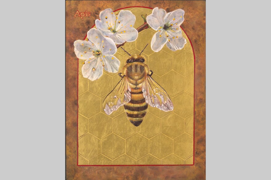 Apis, the Honey Bee, by Angela Manno is a 9” x 7” x 1” render of egg tempera & gold leaf on wood.