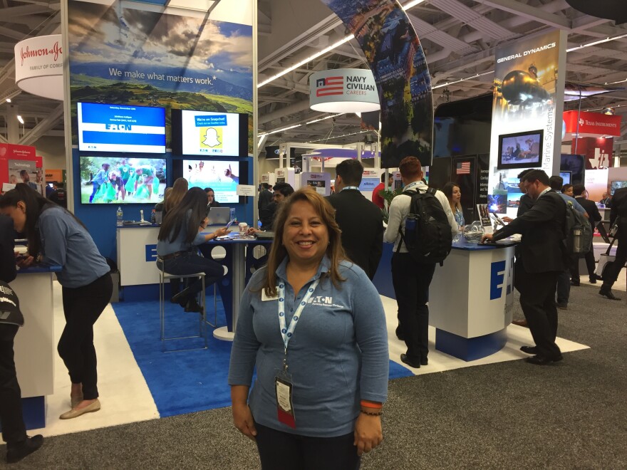 Ysabel Camacho was at SHPE2018, recruiting for Eaton's Caribbean division. She says Hispanic STEM students should work to be confident in their ability to communicate with other engineers, even if English is not their first language.