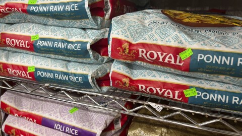 Rice is on display at Little India, an Indian grocery store in New York on Saturday, July 29, 2023. An earlier than expected El Niño brought drier, warmer weather in some parts of Asia and is expected to harm rice production. But in some parts of India, where the monsoon season was especially brutal, flooding destroyed some crops, adding to production woes and rising prices.