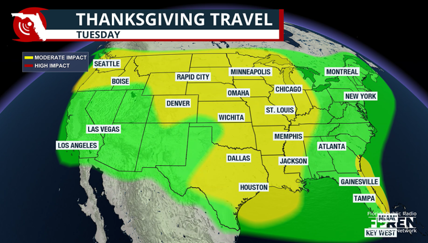 Tuesday travel forecast map across country.