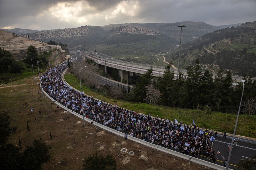 Families of the hostages held in Gaza and thousands of supporters approach Jerusalem on the march's fourth and final day, on March 2. Returned hostage Gabriela Leimberg said she and others saw the previous march on television during their captivity. "Seeing that gave us a lot of strength, power and hope," she said to the crowd at the start of the fourth day.