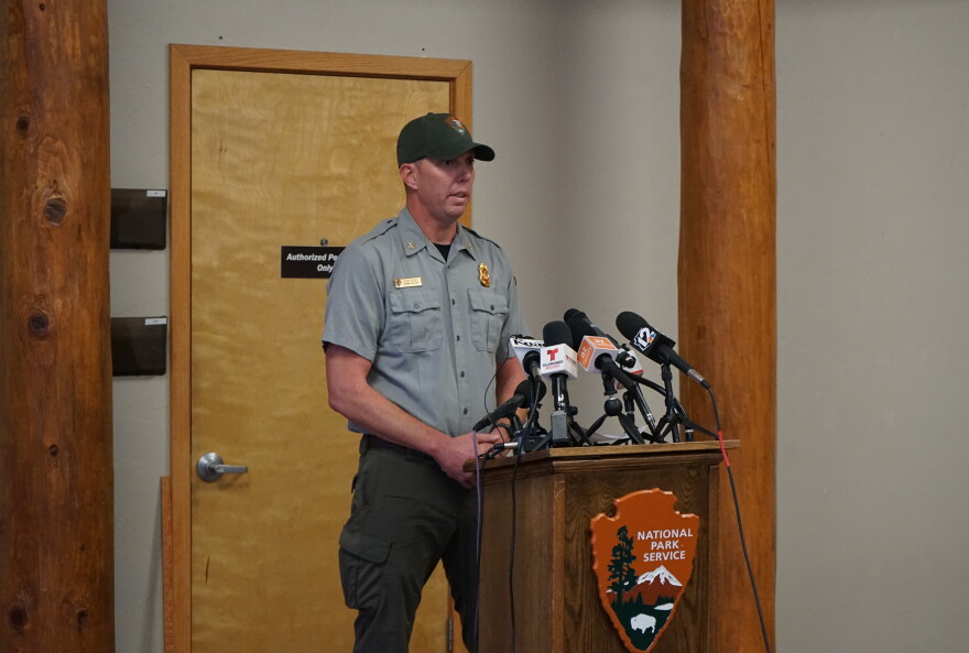 Grand Canyon National Park Incident Commander Dave Black speaks at a press conference at the park headquarters, August 31, 2026.