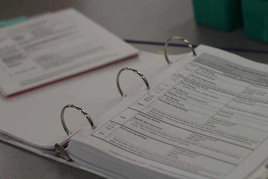 The priority plan and lesson script for Nicole Holta's second grade reading lessons. (Photo by Wesley Early, Alaska Public Media - Anchorage)