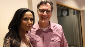 Padma Lakshmi in the KUOW studios with host Bill Radke.