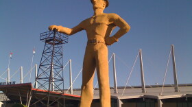 The Golden Driller stands outside the Quik-Trip Center on the Tulsa Fairgrounds.