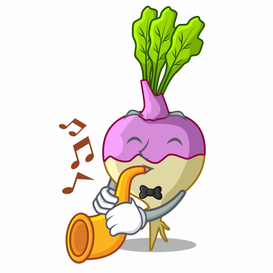 Cartoon anthropomorphic rutabaga playing the saxophone