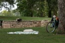 A pillow and blanket lie on the ground in Seminary Park. Starting Wednesday, police might have to investigate circumstances like these for violations of Senate Enrolled Act 285.