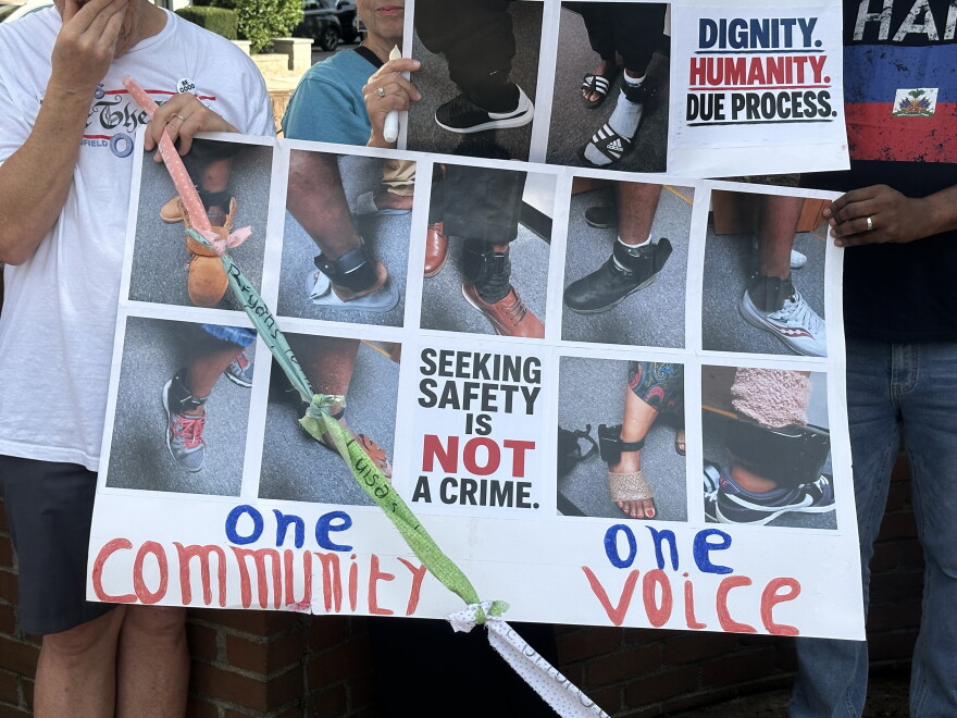 Images of Springfield Haitian immigrants wearing ankle monitors.