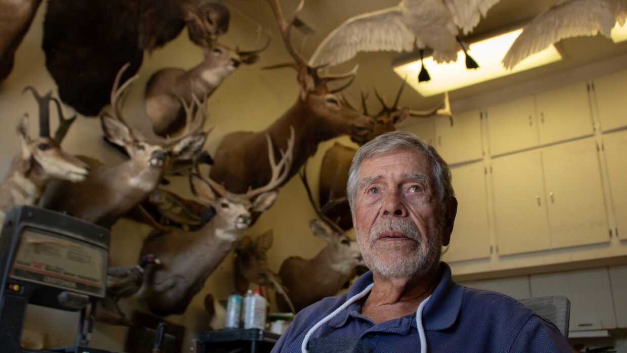 Bob Luzitano at his home taxidermy shop in Layton, Utah, June 27, 2025