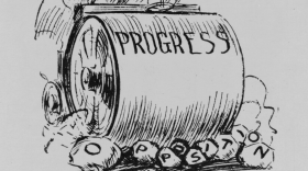 A 1917 political cartoon about the women's suffrage movement.