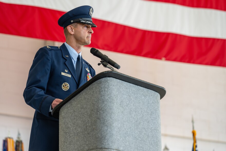 U.S. Air Force Col. Patrick Dierig, 1st Special Operations Wing commander, gives closing remarks during the 1st SOW change of command ceremony at Hurlburt Field, Florida, Feb. 23, 2024. As the new commander of the 1st SOW, Dierig will oversee over 4,600 military personnel and 80 aircraft. (U.S. Air Force photo by Airman 1st Class Bailey Wyman)