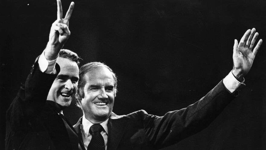 Sen. Thomas Eagleton offers a peace sign alongside Democratic presidential candidate George McGovern during their short-lived pairing as running mates in 1972.