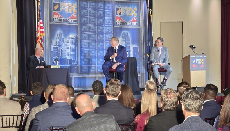 Michigan U.S. Senate candidate Republican Mike Rogers speaks at the Detroit Economic Club forum on October 20, 2026.