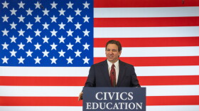 Gov. Ron DeSantis discusses civics education during an appearance Thursday, March 23, 2023, at Ridgeview High School in Orange Park.