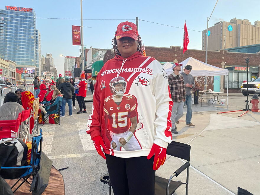 Alicia Stennis in a rhinestone hat from a local Kansas City maker and a Patrick Mahomes hoodie, at the Chiefs Super Bowl parade on Feb. 14, 2024.