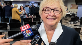 Former State Sen. Karen Tallian smiles as she speaks to reporters following her election as Indiana Democratic Party chair on March 15, 2025.