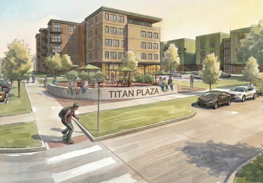 An architectural rendering for a 5-story mixed-use property called Titan Plaza