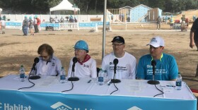 Rosalynn Carter, President Jimmy Carter, Habitat for Humanity International CEO, Jonathan Reckford, and Habitat for Humanity of St. Joseph County CEO, Jim Williams answer questions during a Monday morning press conference at the build site of the 2018 Jimmy and Rosalynn Carter Works Project in Mishawka.