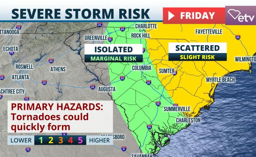 Tropical tornadoes are possible across South Carolina through late week, especially from the Midlands points east.