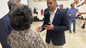 U.S. Rep. Gabe Vasquez (D-N.M.) greets Acoma Pueblo Gov. Charles Riley during an April 2, 2026, town hall on Acoma Pueblo with state, federal and tribal officials.