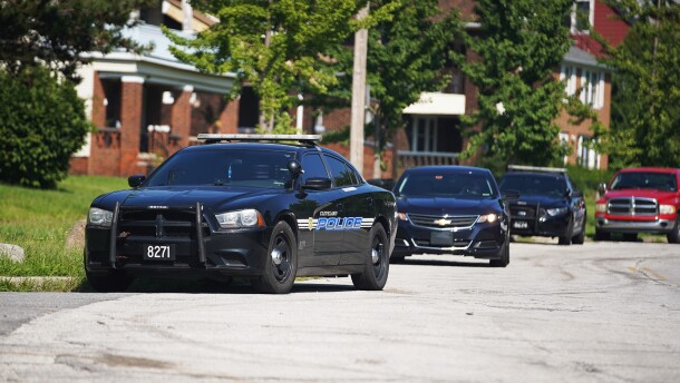 Cleveland Division of Police vehicles are parked near the agency's Fourth District headquarters on Wednesday, Aug. 16, 2023.
