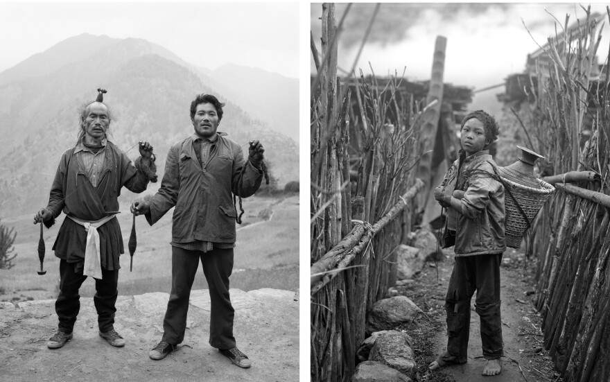 Father and son wool spinners, Barangsia village, 1985. A boy heads to collect water for his family in Mangri village, 1985.