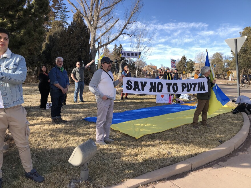 Ukrainians, Ukrainian-Americans and their supporters gather to demonstrate against the Russian invasion outside the Roundhouse in Santa Fe