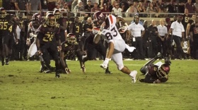 Virgina Tech wide receiver Eric Kumah (83) catches the game's final touchdown as the Hokies trounce the FSU Seminoles at home on September 3, 2018