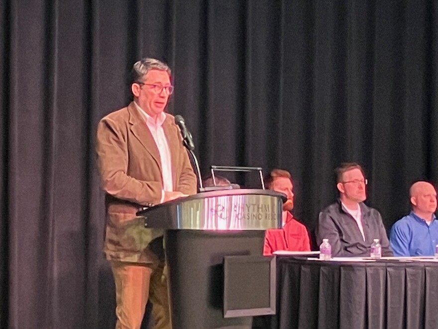 Josh Byrnes, commissioner on the Iowa Utilities Commission, speaking at the informational meeting April 6, 2026 at Rhythm City Casino Event Center, Davenport.