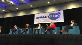 Dayton Mayor Nan Whaley (in red) at a post-election event in November, also featuring ex-Ohio Republican Party chair Kevin DeWine, former Findlay Mayor Lydia Mihalik, former Success Group president Dan McCarthy and Obama Ohio campaign mgr Aaron Pickrell.