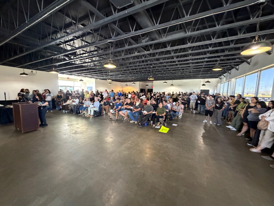 Residents speak during public comment at the Adelanto Planning Commission meeting on Wednesday Aug. 19, 2026. The city is considering land use changes that could allow data center projects to be built in the city.