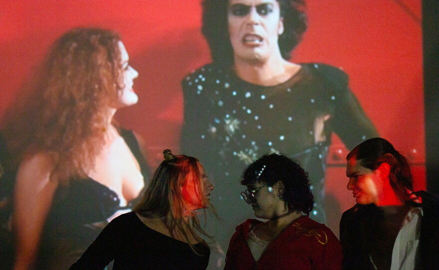Drag performer Celadon Wood, pictured at an Oct. 10, 2026, rehearsal, plays Dr. Frank-N-Furter alongside LJ Aguirre as Magenta and Malachai McMillan as Riff Raff in the production of “The Rocky Horror Picture Show” in Moscow, Idaho.