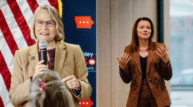 Left, photo of Mariannette Miller-Meeks speaking to a crowd. Right, a photo of Christina Bohannan speaking.