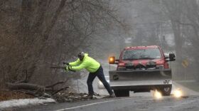 A Town of Perinton DPW worker clears fallen limbs on Garnsey Rd. Friday morning.
